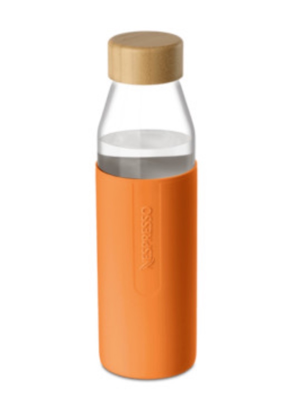 Nespresso Bamboo Top Orange Silicone Sleeve Glass Water bottle